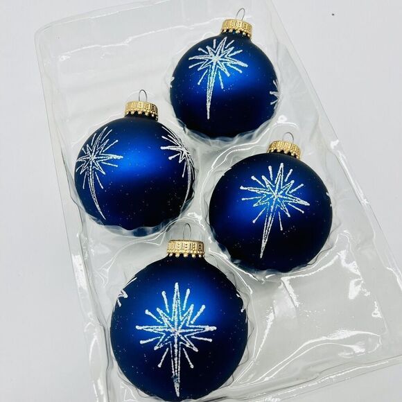 VTG Christmas by Krebs Blue Star Snowflake Glitter Mercury Glass Ornaments 4pc - Picture 5 of 6